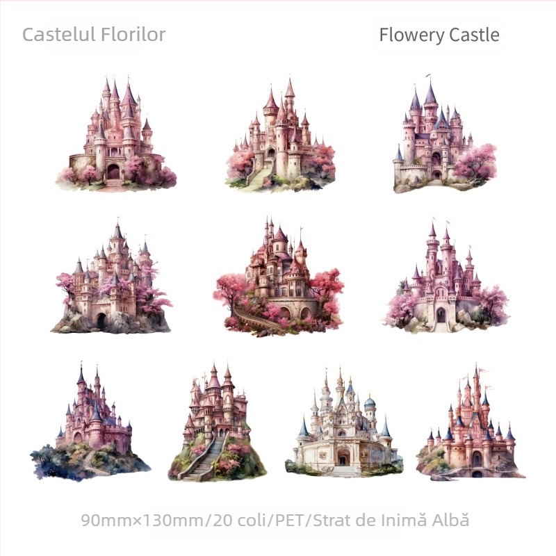 Set de autocolante PET autoadezive pentru planner – seria Castel, temă castel, autocolante DIY decorative, 20 bucăți, 6 variante, tipărite