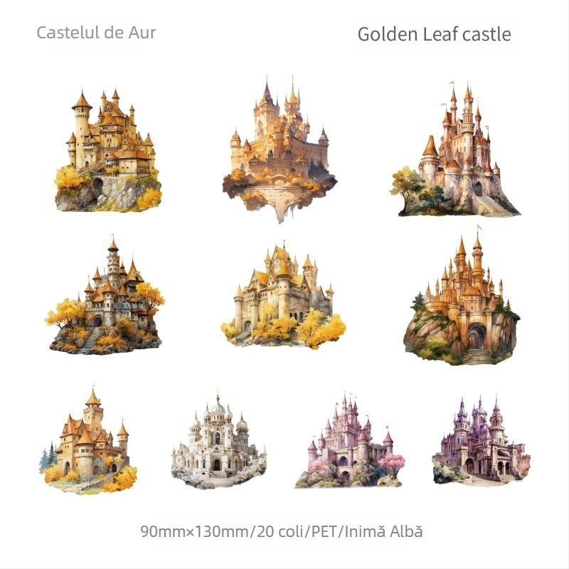 Set de autocolante PET autoadezive pentru planner – seria Castel, temă castel, autocolante DIY decorative, 20 bucăți, 6 variante, tipărite