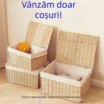 Coș de depozitare cu capac, țesătură din răchită de hârtie, material ecologic