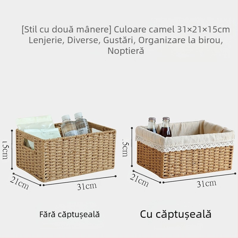 Coș de depozitare cu capac, țesătură din răchită de hârtie, material ecologic