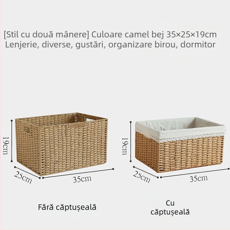 Coș de depozitare cu capac, țesătură din răchită de hârtie, material ecologic