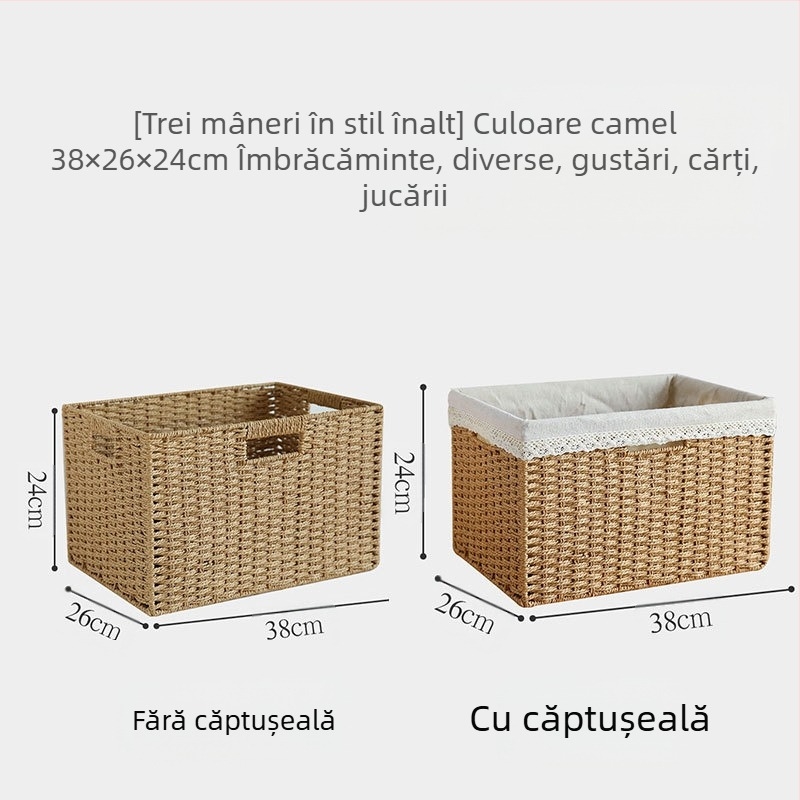 Coș de depozitare cu capac, țesătură din răchită de hârtie, material ecologic
