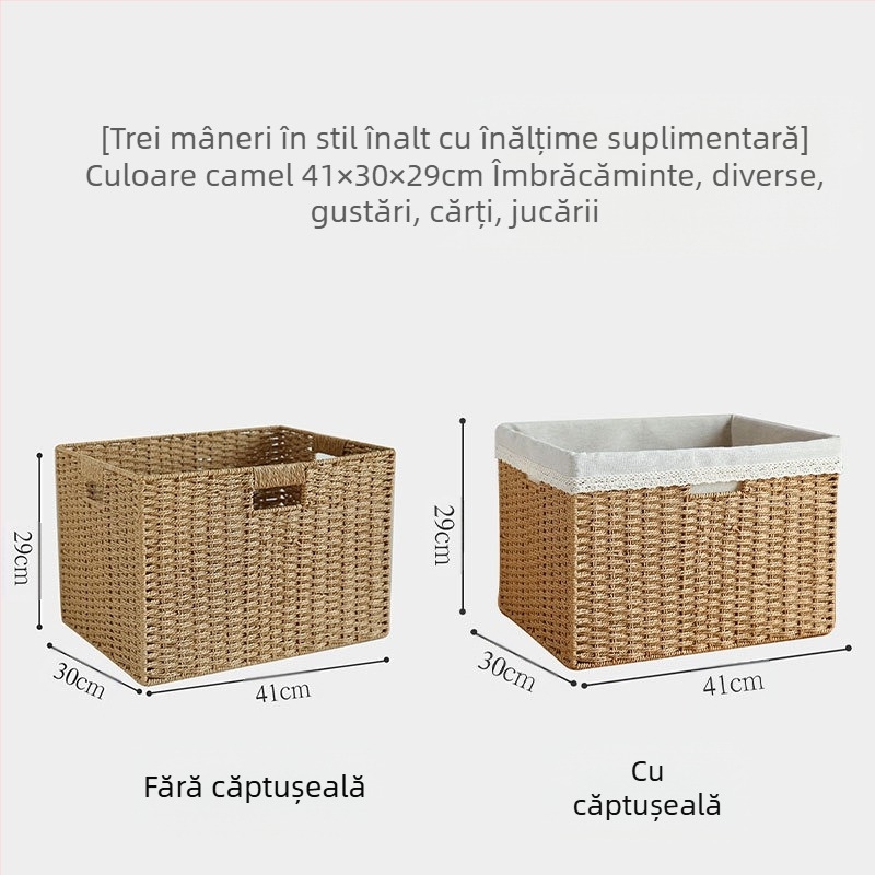Coș de depozitare cu capac, țesătură din răchită de hârtie, material ecologic