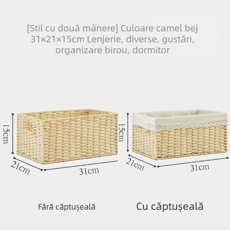Coș de depozitare cu capac, țesătură din răchită de hârtie, material ecologic