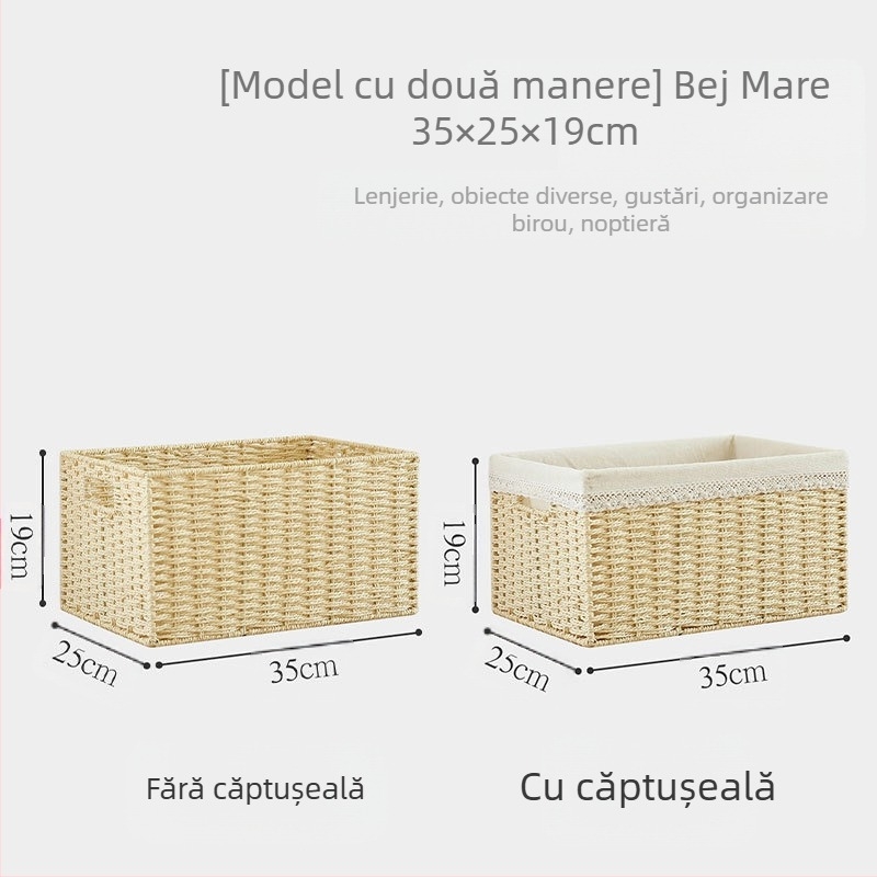 Coș de depozitare cu capac, țesătură din răchită de hârtie, material ecologic