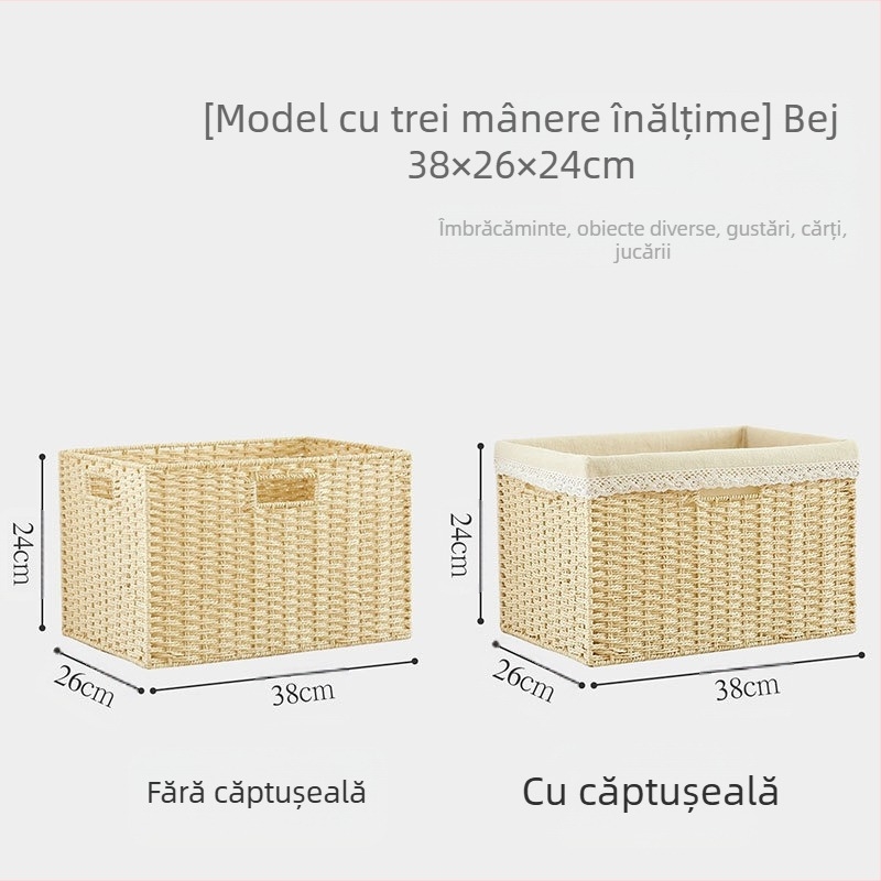 Coș de depozitare cu capac, țesătură din răchită de hârtie, material ecologic