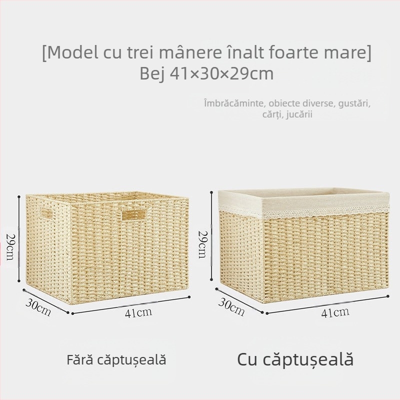 Coș de depozitare cu capac, țesătură din răchită de hârtie, material ecologic