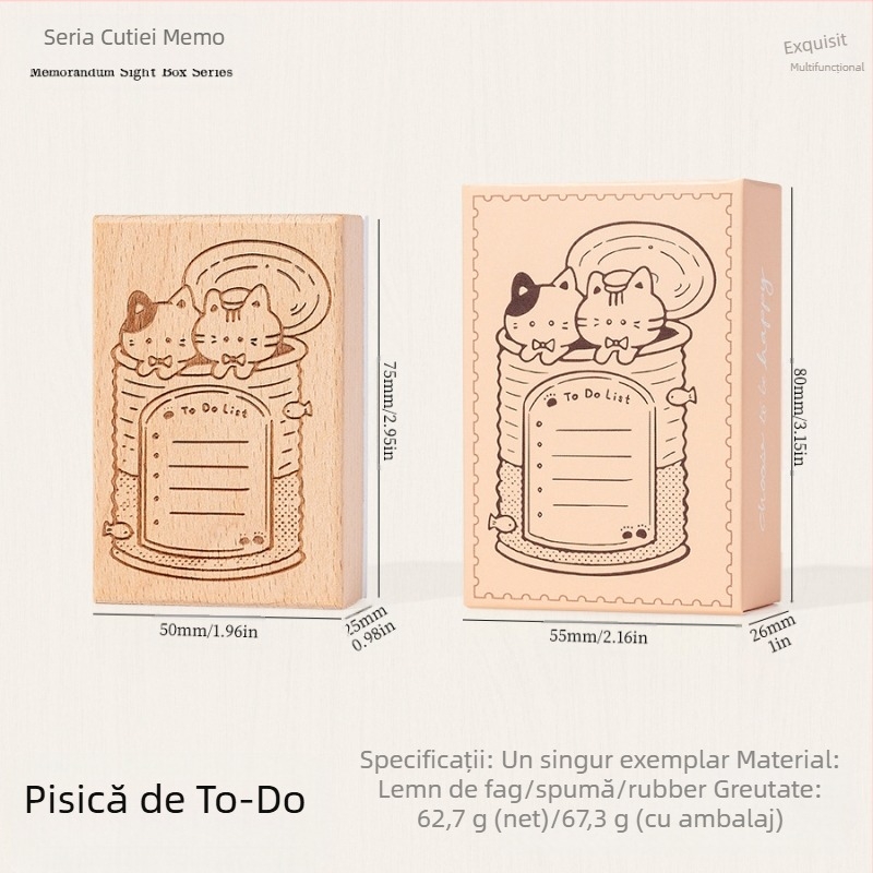 Ștampilă din lemn pentru planner cu motiv de pisică retro drăguț, stil desen animat, execuție semi-manuală și semi-automatică, seria Meow Box, potrivită ca cadou