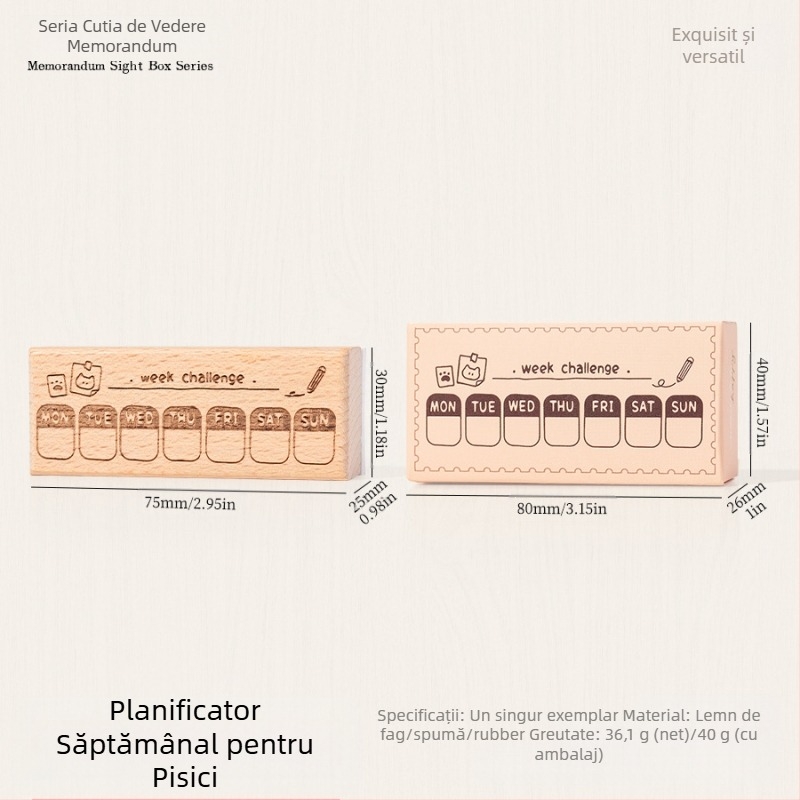 Ștampilă din lemn pentru planner cu motiv de pisică retro drăguț, stil desen animat, execuție semi-manuală și semi-automatică, seria Meow Box, potrivită ca cadou