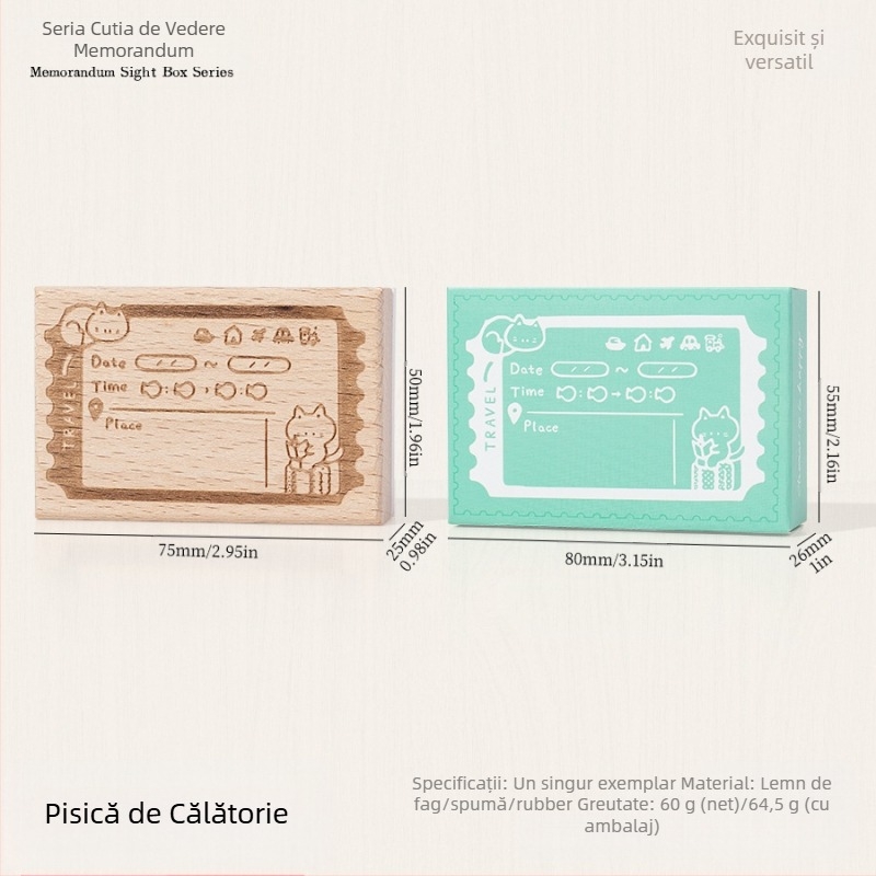 Ștampilă din lemn pentru planner cu motiv de pisică retro drăguț, stil desen animat, execuție semi-manuală și semi-automatică, seria Meow Box, potrivită ca cadou