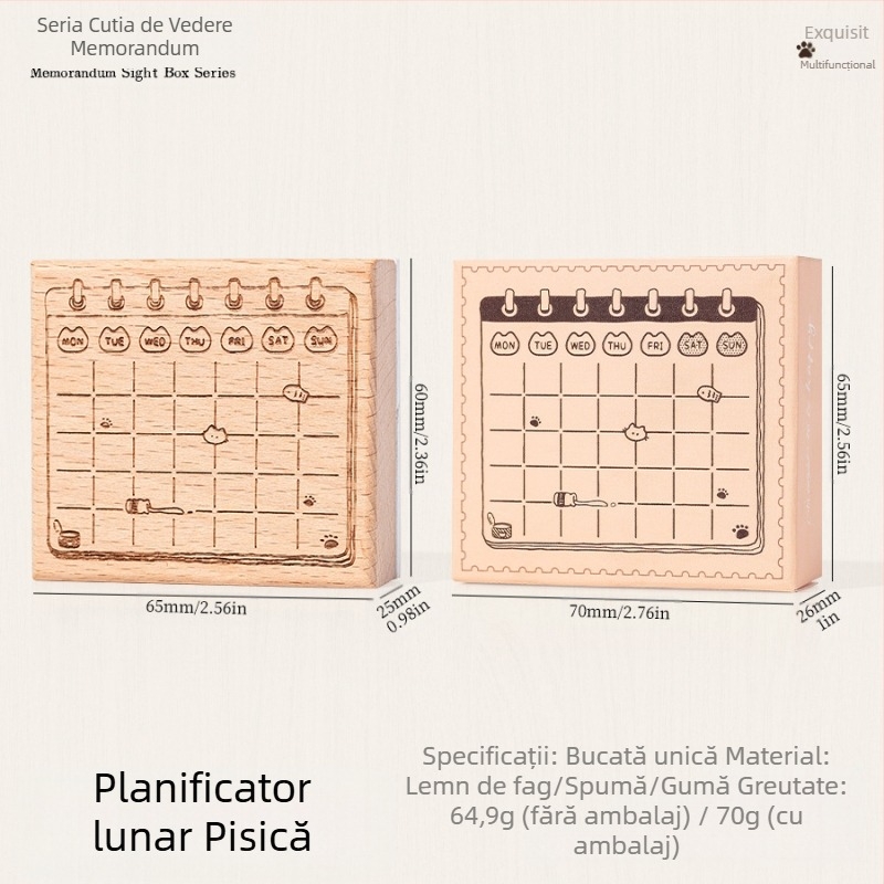 Ștampilă din lemn pentru planner cu motiv de pisică retro drăguț, stil desen animat, execuție semi-manuală și semi-automatică, seria Meow Box, potrivită ca cadou