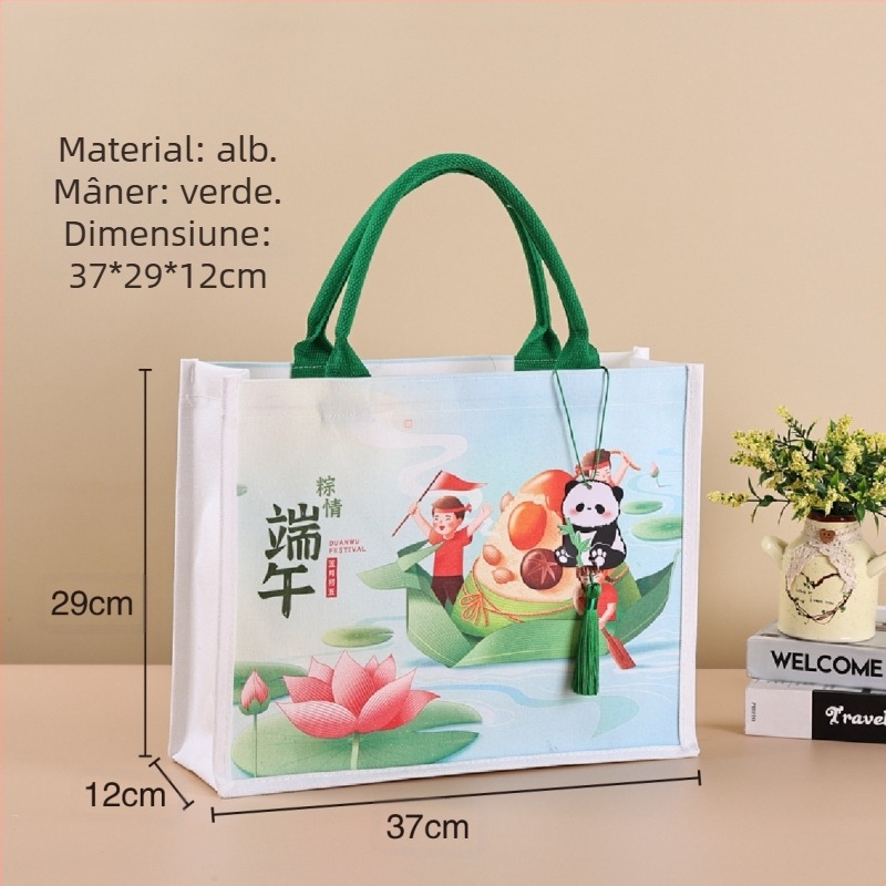 Geantă de ambalare cadouri din canvas laminat; Material ecologic poliester-bumbac; Imprimare logo disponibilă; Metode de imprimare: serigrafie, imprimare pe mașină, digitală, transfer termic; Distribuție en-gros + personalizabil