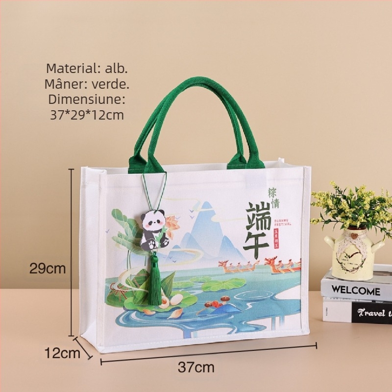 Geantă de ambalare cadouri din canvas laminat; Material ecologic poliester-bumbac; Imprimare logo disponibilă; Metode de imprimare: serigrafie, imprimare pe mașină, digitală, transfer termic; Distribuție en-gros + personalizabil