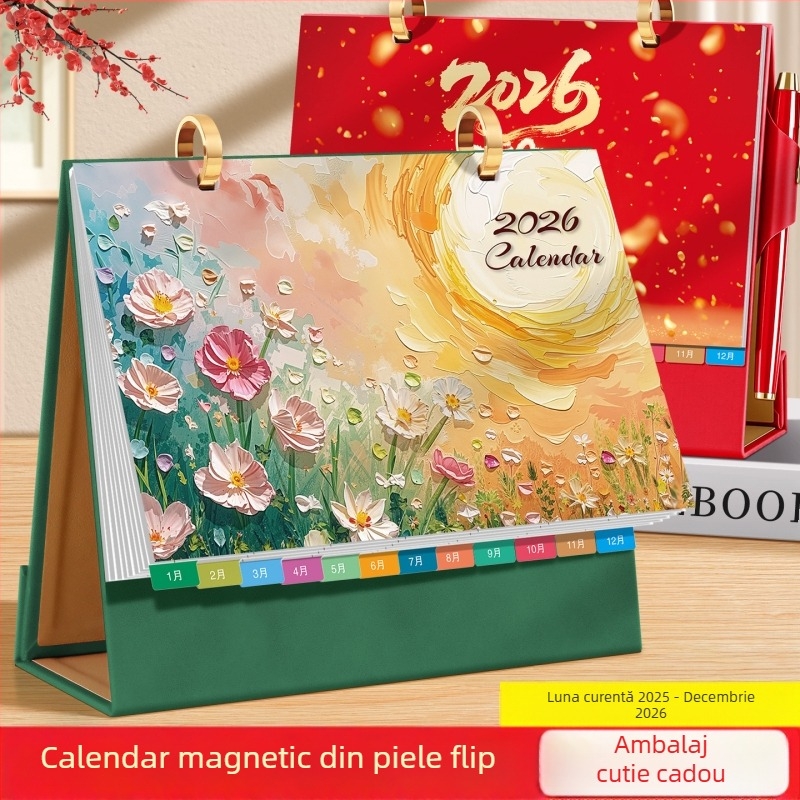 Calendar de birou 2026: stil chinezesc retro, piele PU, design simplu și modern, imprimare de logo disponibilă, cadou universal.