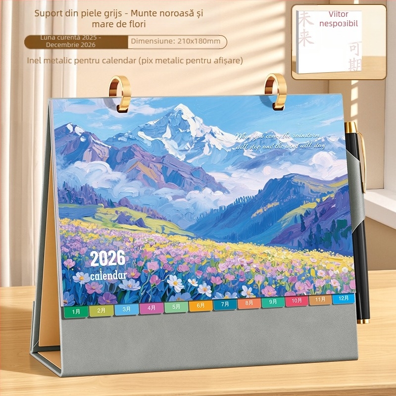 Calendar de birou 2026: stil chinezesc retro, piele PU, design simplu și modern, imprimare de logo disponibilă, cadou universal.