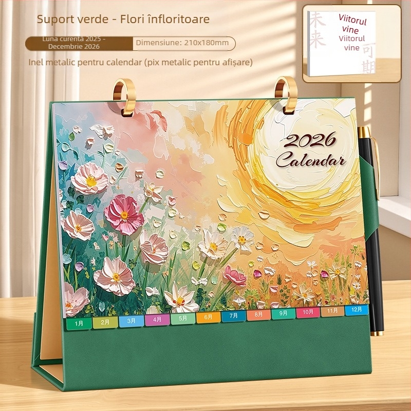 Calendar de birou 2026: stil chinezesc retro, piele PU, design simplu și modern, imprimare de logo disponibilă, cadou universal.