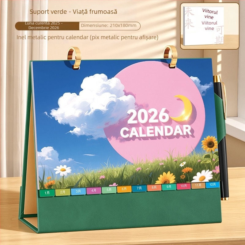 Calendar de birou 2026: stil chinezesc retro, piele PU, design simplu și modern, imprimare de logo disponibilă, cadou universal.