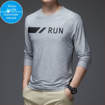 Tricou de bărbați Ice Silk cu mâneci lungi, uscare rapidă, respirabil, 90% poliester 10% spandex, guler rotund, croială lejeră, pentru sport și timp liber în aer liber