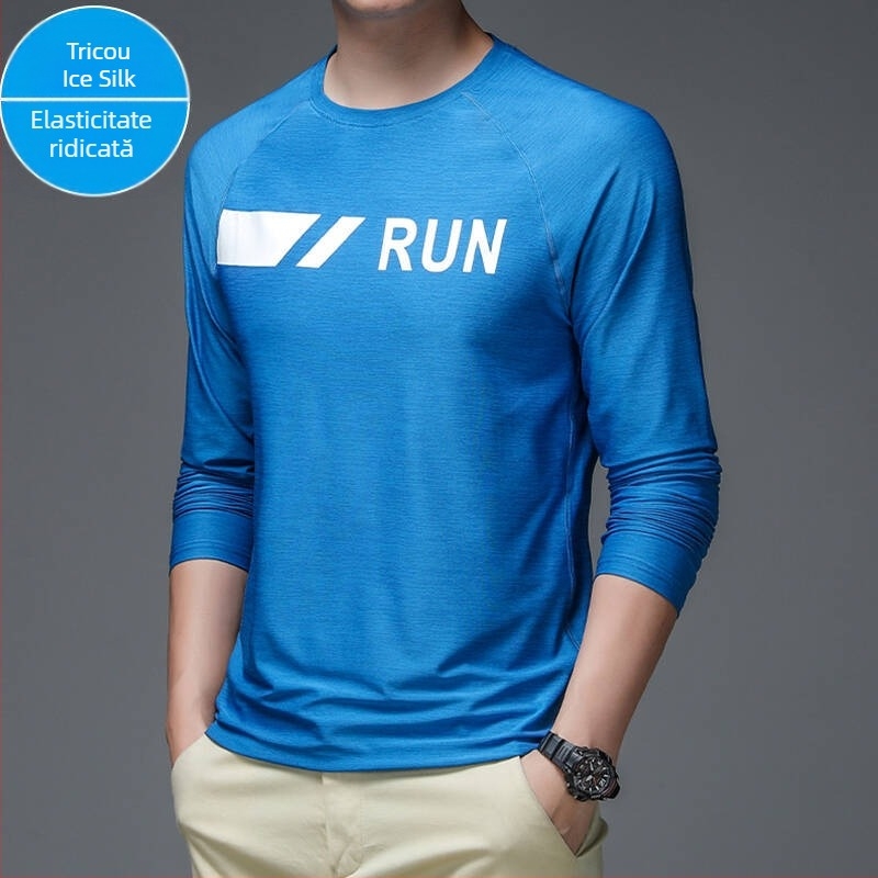 Tricou de bărbați Ice Silk cu mâneci lungi, uscare rapidă, respirabil, 90% poliester 10% spandex, guler rotund, croială lejeră, pentru sport și timp liber în aer liber