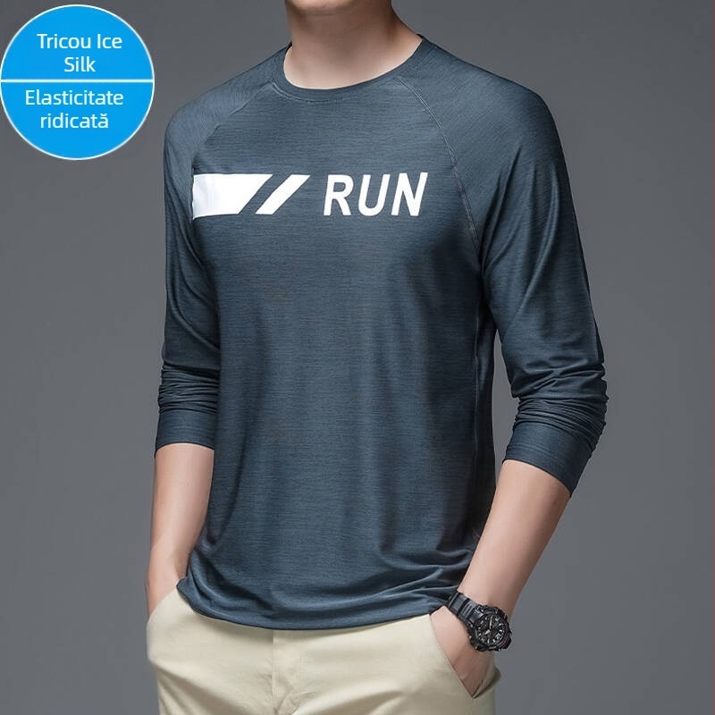 Tricou de bărbați Ice Silk cu mâneci lungi, uscare rapidă, respirabil, 90% poliester 10% spandex, guler rotund, croială lejeră, pentru sport și timp liber în aer liber