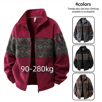 Jachetă în stil etnic, cu guler înalt, fermoar, material gros, model blocuri