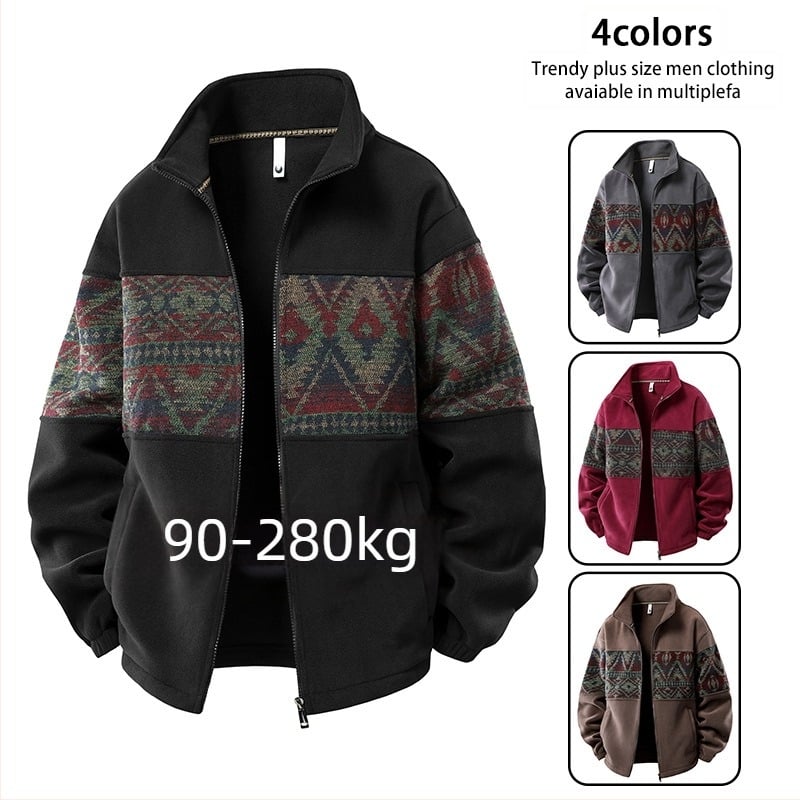 Jachetă în stil etnic, cu guler înalt, fermoar, material gros, model blocuri