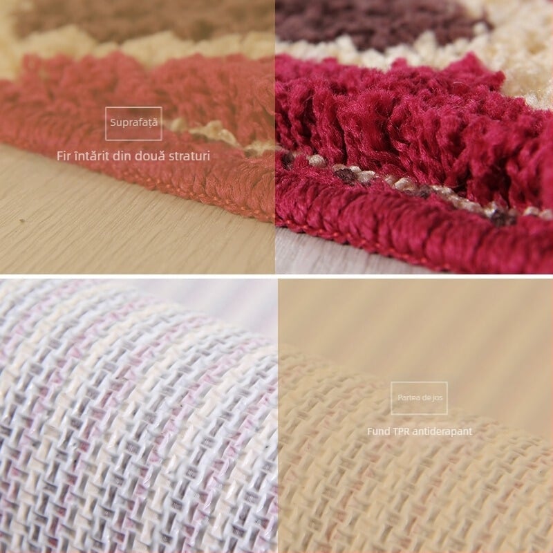 Covoraș de podea din fibre de poliester, dreptunghiular, model floral cu flori, iarbă și frunze, țesut mecanic, lavabil la mașină