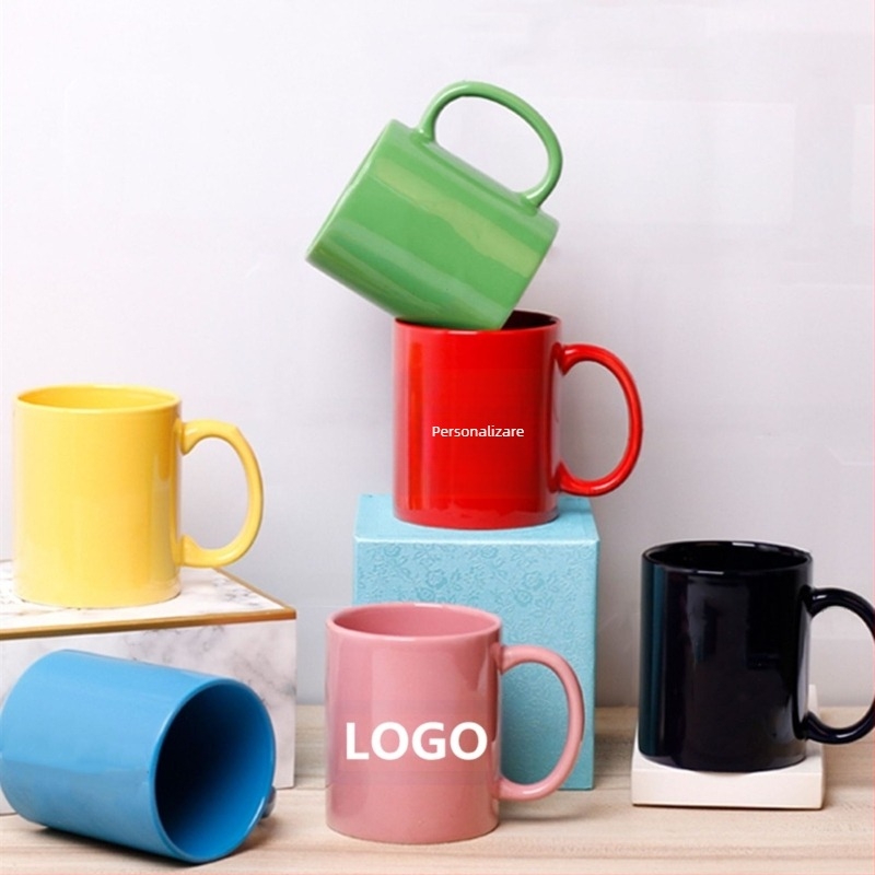 Cană ceramică cu imprimare a logo-ului, formă cilindrică, motiv desen animat, compatibilă cu microunde