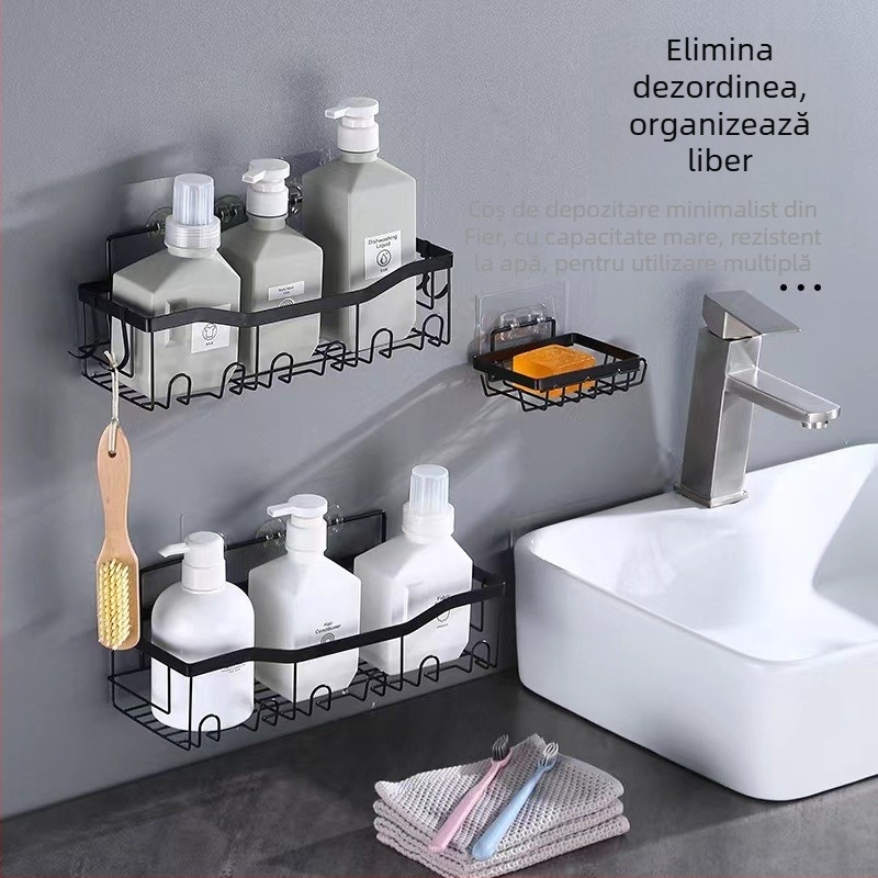 Raft de baie din fier, 2 etaje, montat pe perete prin ventuză, fără găuri, pliabil și reglabil