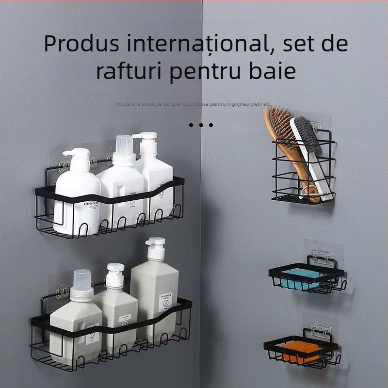 Raft de baie din fier, 2 etaje, montat pe perete prin ventuză, fără găuri, pliabil și reglabil