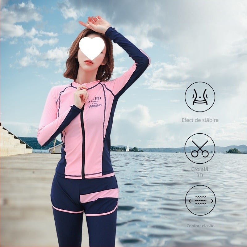 Costum de snorkeling pentru femei, două piese, mâneci lungi, protecție solară, uscare rapidă, model în dungi