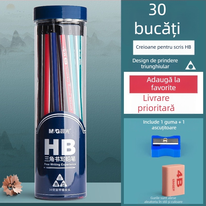 Creion cu corp triunghiular, cap cu gumă, formă hexagonală pentru copii