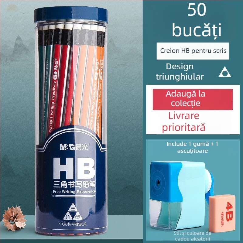 Creion cu corp triunghiular, cap cu gumă, formă hexagonală pentru copii