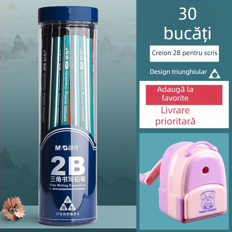 Creion cu corp triunghiular, cap cu gumă, formă hexagonală pentru copii