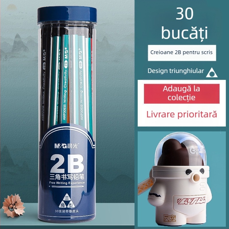 Creion cu corp triunghiular, cap cu gumă, formă hexagonală pentru copii