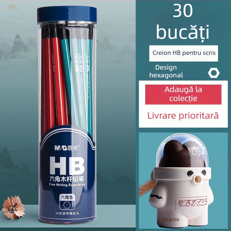 Creion cu corp triunghiular, cap cu gumă, formă hexagonală pentru copii