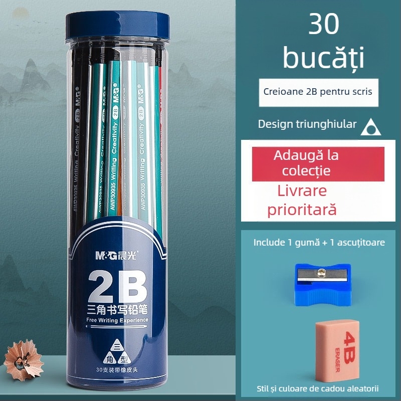 Creion cu corp triunghiular, cap cu gumă, formă hexagonală pentru copii