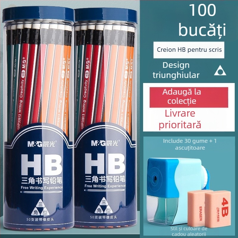 Creion cu corp triunghiular, cap cu gumă, formă hexagonală pentru copii