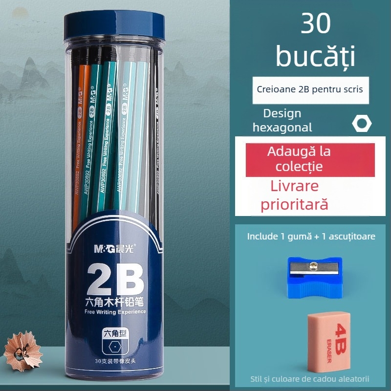 Creion cu corp triunghiular, cap cu gumă, formă hexagonală pentru copii