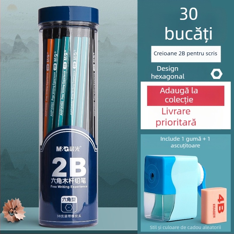 Creion cu corp triunghiular, cap cu gumă, formă hexagonală pentru copii