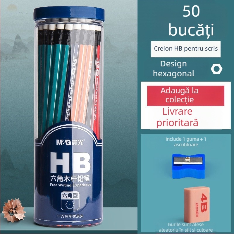 Creion cu corp triunghiular, cap cu gumă, formă hexagonală pentru copii