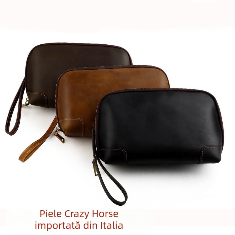 MaDonNo Geantă clutch din piele pentru bărbați — Vintage Crazy Horse piele, model solid, anti-furt, impermeabil, ultra-ușoară, cu curea de încheietură