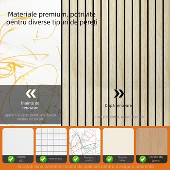 Placare de perete autoadezivă din PVC, cu textură lemn și model grilă, rezistentă la apă și umezeală, pentru fundalul pereților din sufragerie pentru televizor