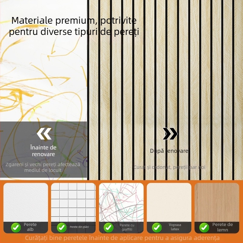 Placare de perete autoadezivă din PVC, cu textură lemn și model grilă, rezistentă la apă și umezeală, pentru fundalul pereților din sufragerie pentru televizor