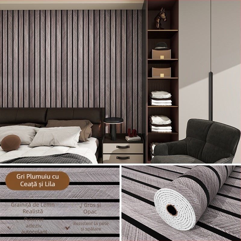 Placare de perete autoadezivă din PVC, cu textură lemn și model grilă, rezistentă la apă și umezeală, pentru fundalul pereților din sufragerie pentru televizor