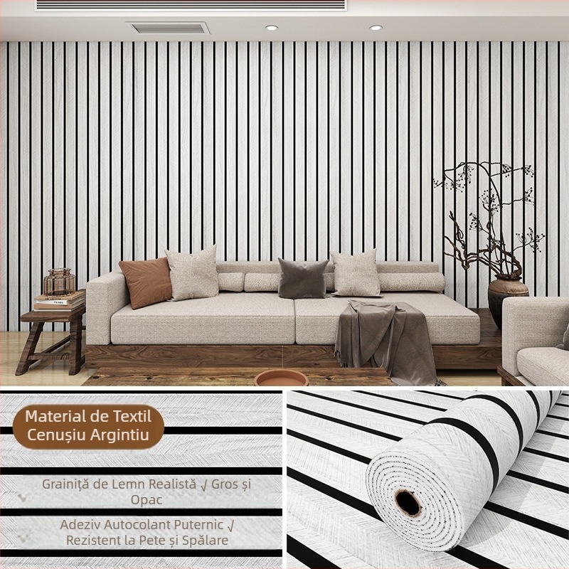 Placare de perete autoadezivă din PVC, cu textură lemn și model grilă, rezistentă la apă și umezeală, pentru fundalul pereților din sufragerie pentru televizor