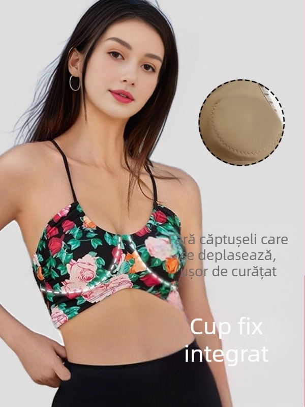Sutien sport pentru femei cu bretele subțiri integrate - imprimeu leopard, cupă 3/4, cupă cu formă medie, nailon 75% cu căptușeală din spandex 25%, bretele fixe duble