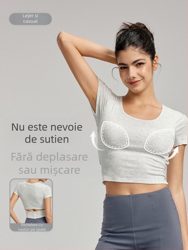 Top de yoga pentru femei cu cupă pentru sân - respirabil din viscoză-elastan, croială slim, lungime talie, mâneci scurte, pentru yoga și fitness
