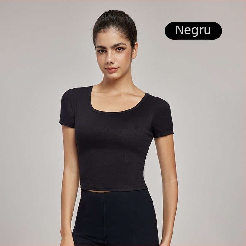 Top de yoga pentru femei cu cupă pentru sân - respirabil din viscoză-elastan, croială slim, lungime talie, mâneci scurte, pentru yoga și fitness