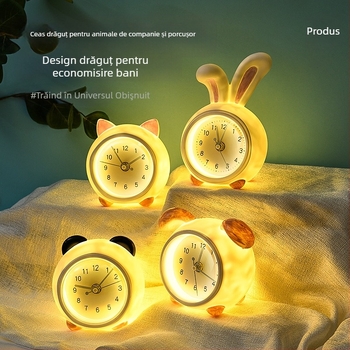 Ceas de noptieră pentru copii, cu pușculiță și lampă de noapte, mișcare mecanică, alimentare cu baterie, corp din plastic, stil desen animat